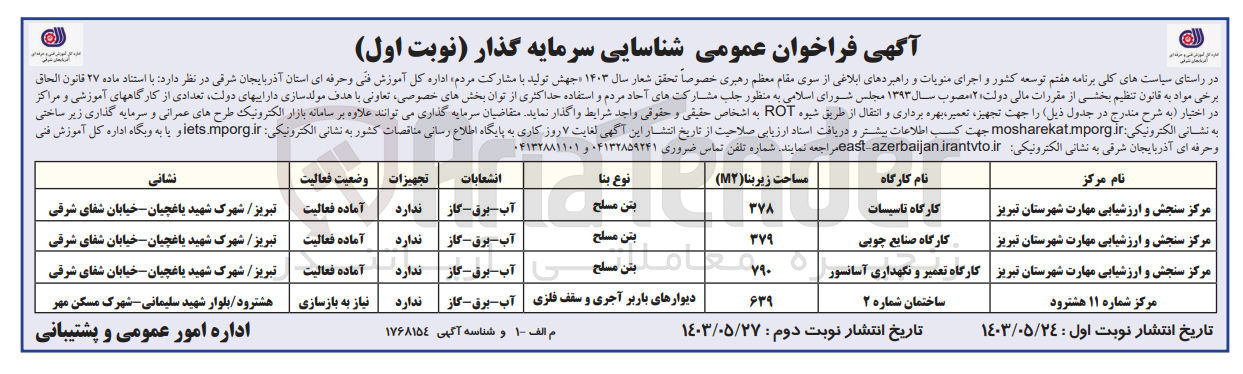 تصویر کوچک آگهی  شناسایی سرمایه گذار به منظور جلب مشارکتهای آحاد مردم و استفاده حداکثری از توان بخشهای خصوصی تعاونی با هدف مولد سازی داراییهای دولت تعدادی از کارگاههای آموزشی و مراکز در اختیار به شرح مندرج در جدول ذیل را جهت تجهیز تعمیر بهره برداری و انتقال از طریق شیوه ROT