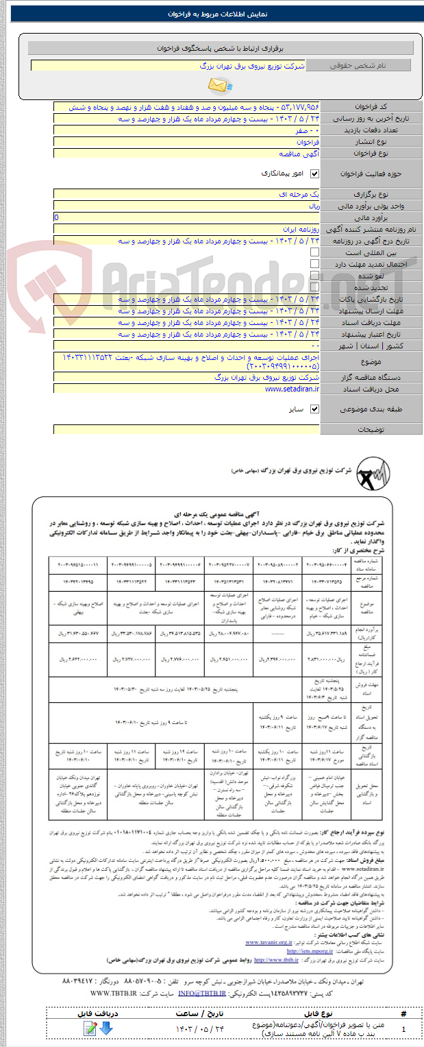 تصویر کوچک آگهی اجرای عملیات توسعه و احداث و اصلاح و بهینه سازی شبکه -بعثت ۱۴۰۳۳۱۱۱۳۵۲۲    (۲۰۰۳۰۹۴۹۹۱۰۰۰۰۰۵)