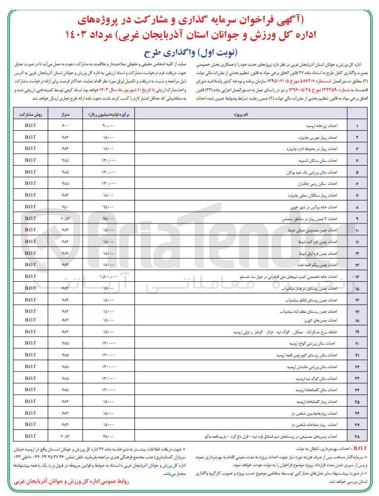 تصویر کوچک آگهی احداث روباز چورس چابیاره به متراژ 684 به روش b.o.t