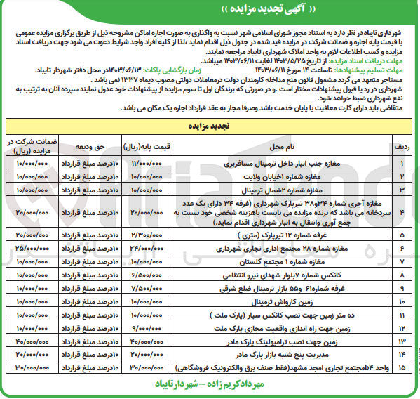 تصویر کوچک آگهی  واگذاری به صورت اجاره اماکن در 15 ردیف