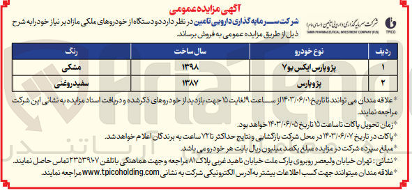 تصویر کوچک آگهی فروش دو دستگاه از خودروهای ملکی مازاد بر نیاز :
پژو پارس ایکس یو ۷ مدل 1398 رنگ مشکی
پژو پارس مدل ۱۳۸۷ سفید روغنی