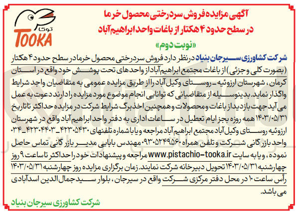 تصویر کوچک آگهی فروش سر درختی انواع محصول خرما در سطح حدود ۴ هکتار (بصورت کلی و جزئی) از باغات مجتمع ابراهیم آباد از واحدهای تحت پوشش خود 