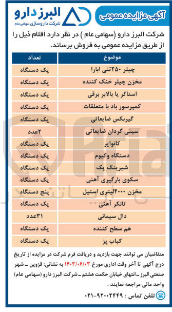 تصویر کوچک آگهی فروش اقلام زیر :
چیلر ۲۵۰ تنی ابارا یک دستگاه
مخزن چیلر خنک کننده یک دستگاه
استاکر یا بالابر برقی یک دستگاه
کمپرسور باد با متعلقات یک دستگاه
گیربکس ضایعاتی یک دستگاه
سینی گردان ضایعاتی ۲ عدد
کانوایر یک دستگاه
دستگاه وکیوم یک دستگاه
شیرینگ پک یک دستگاه
سکوی بارگیری آهنی یک دستگاه
مخزن ۴۰۰۰ لیتری استیل پنج دستگاه
تانکر آهنی یک دستگاه
دال سیمانی ۳۱ عدد
هم سطح کننده یک دستگاه
کباب پز یک دستگاه