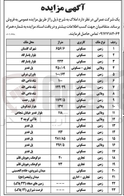 تصویر کوچک آگهی فروش املاک در 23 ردیف باکاربری :مسکونی -تجاری -اداری 