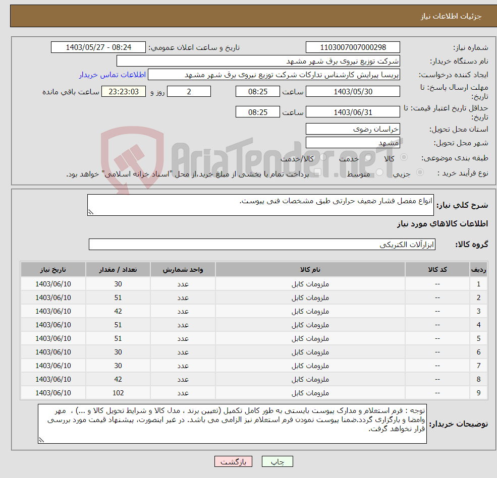 تصویر کوچک آگهی نیاز انتخاب تامین کننده-انواع مفصل فشار ضعیف حرارتی طبق مشخصات فنی پیوست.