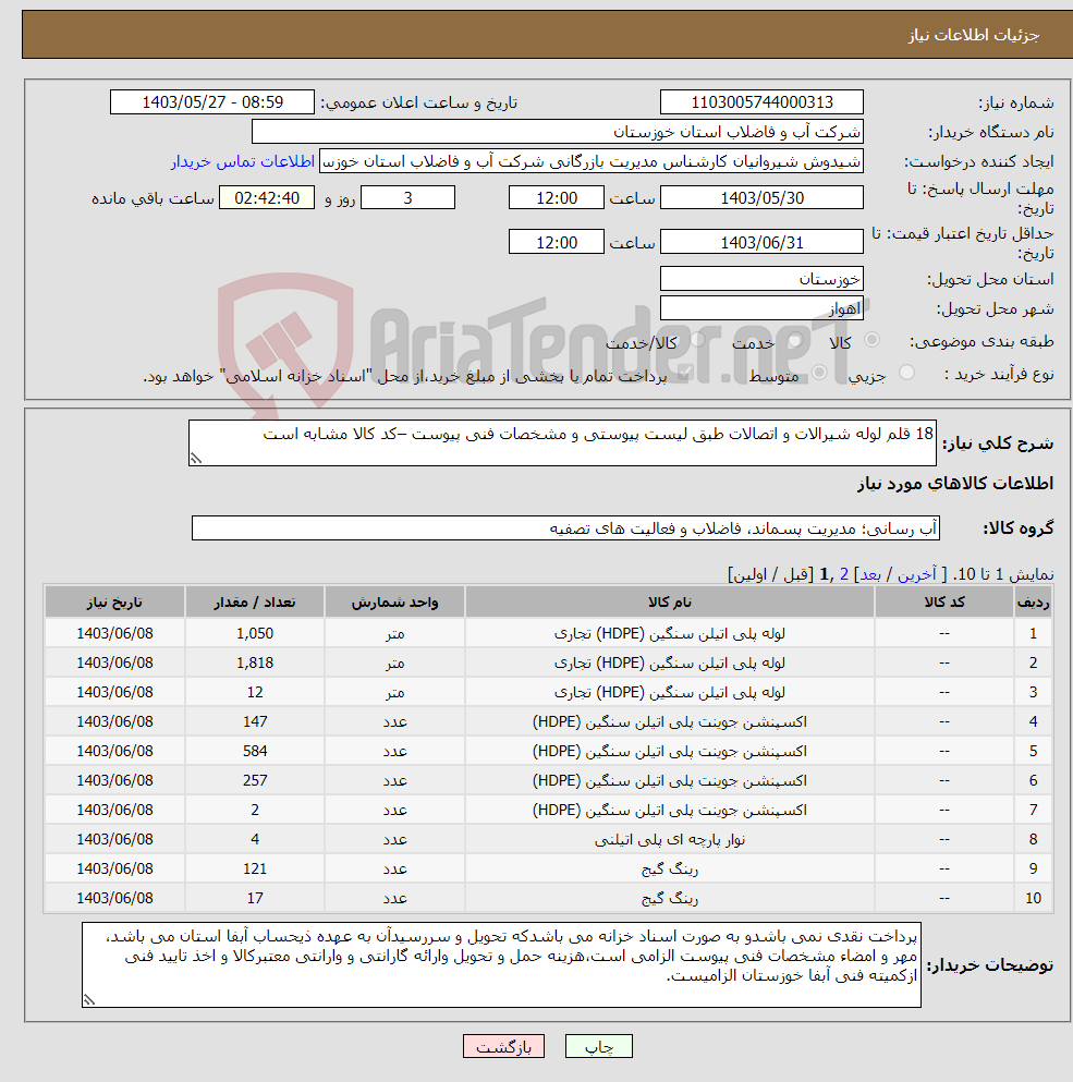 تصویر کوچک آگهی نیاز انتخاب تامین کننده-18 قلم لوله شیرالات و اتصالات طبق لیست پیوستی و مشخصات فنی پیوست –کد کالا مشابه است