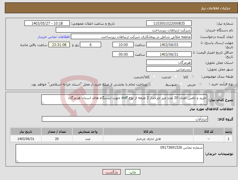 تصویر کوچک آگهی نیاز انتخاب تامین کننده-خرید و تامین تعداد 20 عدد میز چرخدار 2 طبقه از نوع mdf جهت ایستگاه های استان هرمزگان