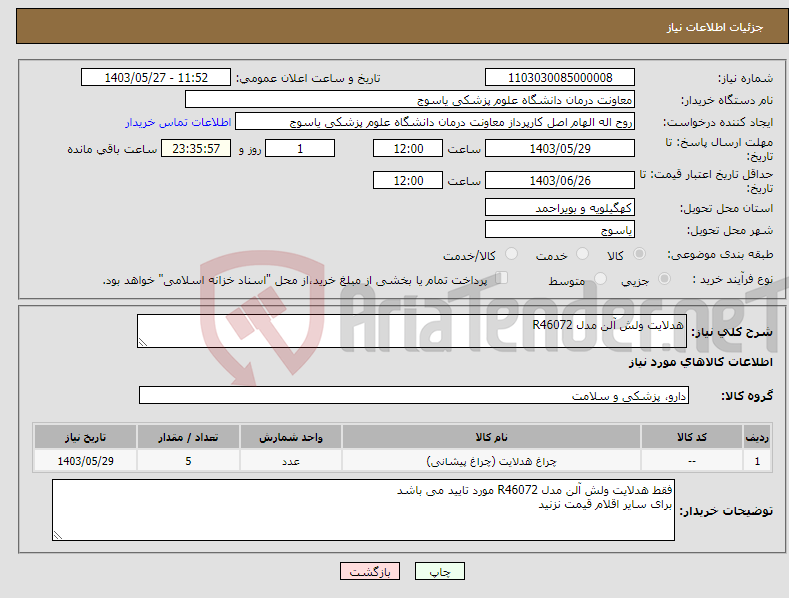 تصویر کوچک آگهی نیاز انتخاب تامین کننده-هدلایت ولش آلن مدل R46072