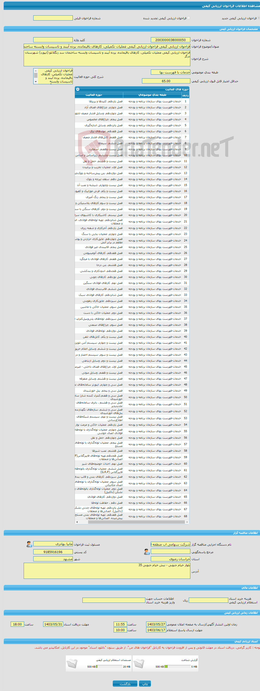 تصویر کوچک آگهی فراخوان ارزیابی کیفی فراخوان ارزیابی کیفی عملیات تکمیلی، کارهای باقیمانده، پرده آببند و تاسیسات وابسته ساختمان سد زنگلانلو (ابیورد) شهرستان درگز