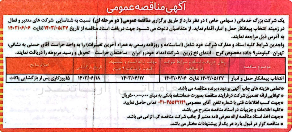 تصویر کوچک آگهی انتخاب پیمانکار حمل و انبار