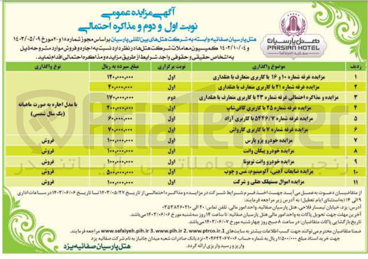 تصویر کوچک آگهی اجاره غرفه شماره ۲۳ با کاربری متعارف با هتلداری 
