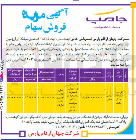 تصویر کوچک آگهی واگذاری سهام شرکت فن آوری ارتباطات همگرا رایانه به تعداد 2/000/000/000