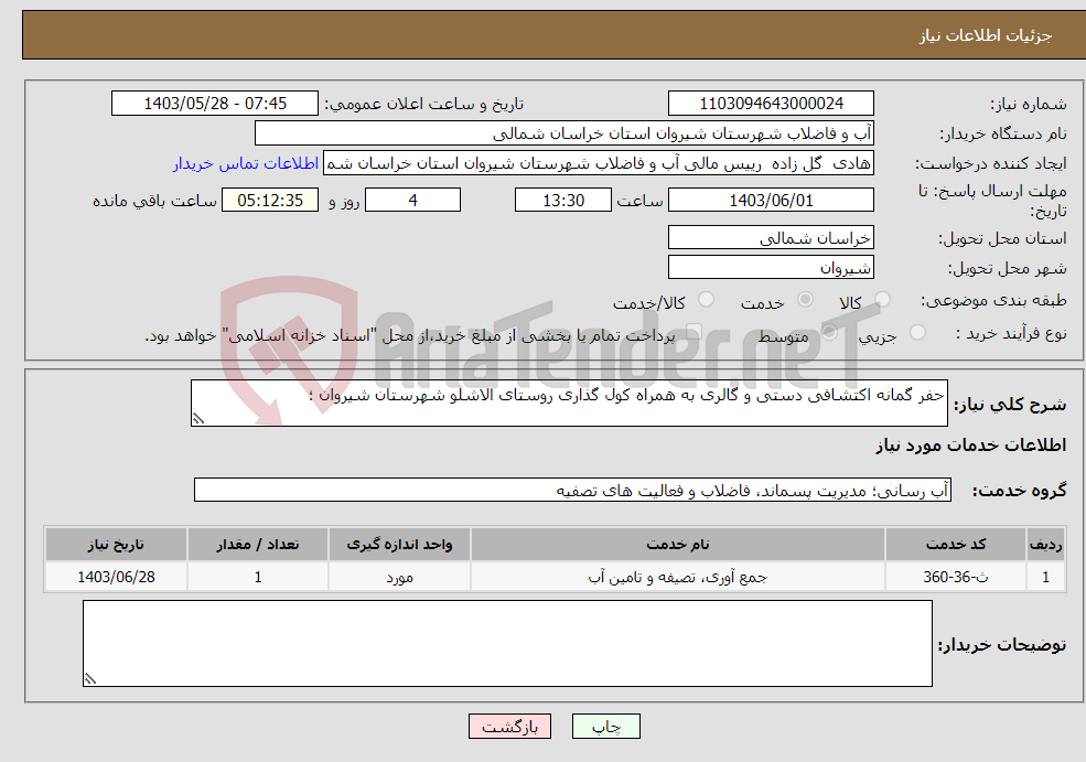 تصویر کوچک آگهی نیاز انتخاب تامین کننده-حفر گمانه اکتشافی دستی و گالری به همراه کول گذاری روستای الاشلو شهرستان شیروان ؛ 