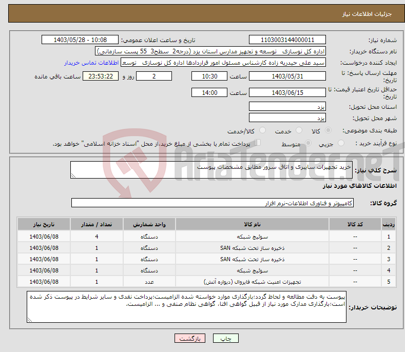 تصویر کوچک آگهی نیاز انتخاب تامین کننده-خرید تجهیزات سایبری و اتاق سرور مطابق مشخصات پیوست