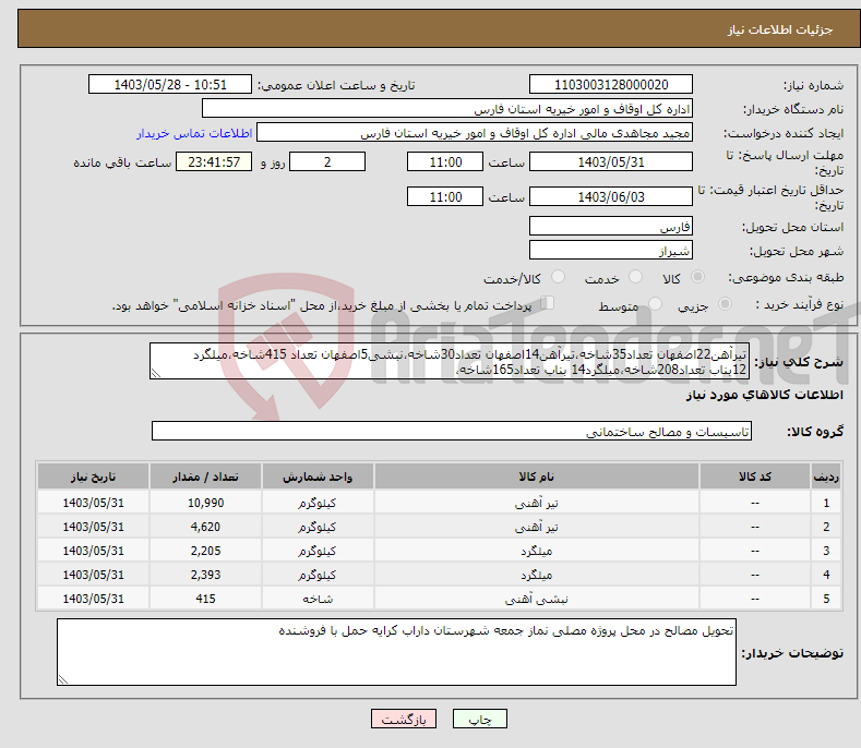 تصویر کوچک آگهی نیاز انتخاب تامین کننده-تیرآهن22اصفهان تعداد35شاخه،تیرآهن14اصفهان تعداد30شاخه،نبشی5اصفهان تعداد 415شاخه،میلگرد 12بناب تعداد208شاخه،میلگرد14 بناب تعداد165شاخه،