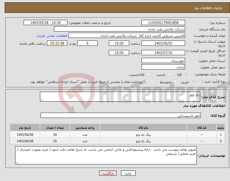 تصویر کوچک آگهی نیاز انتخاب تامین کننده-بال ولو