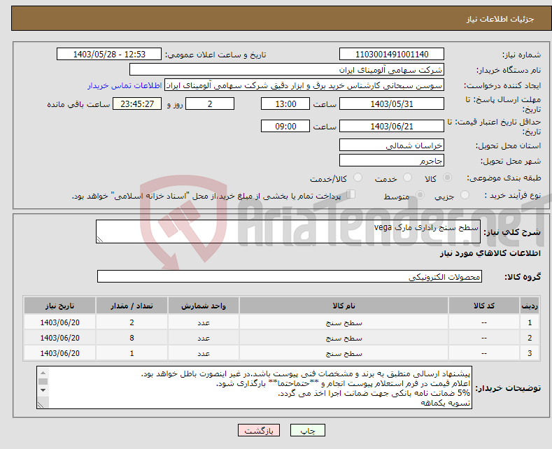 تصویر کوچک آگهی نیاز انتخاب تامین کننده-سطح سنج راداری مارک vega