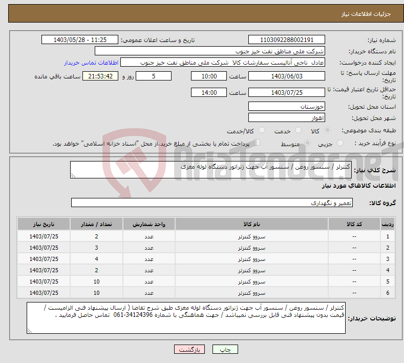 تصویر کوچک آگهی نیاز انتخاب تامین کننده-کنترلر / سنسور روغن / سنسور آب جهت ژنراتور دستگاه لوله مغزی 