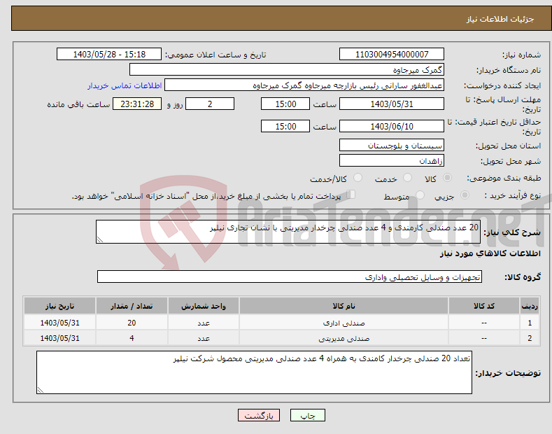 تصویر کوچک آگهی نیاز انتخاب تامین کننده-20 عدد صندلی کارمندی و 4 عدد صندلی چرخدار مدیریتی با نشان تجاری نیلپر