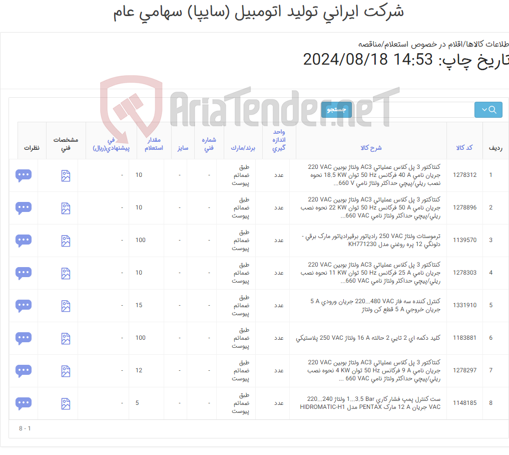 تصویر کوچک آگهی 8آیتم ترموستات ، ست کنترل ، کنتاکتورو ...(طبق مشخصات فنی پیوست