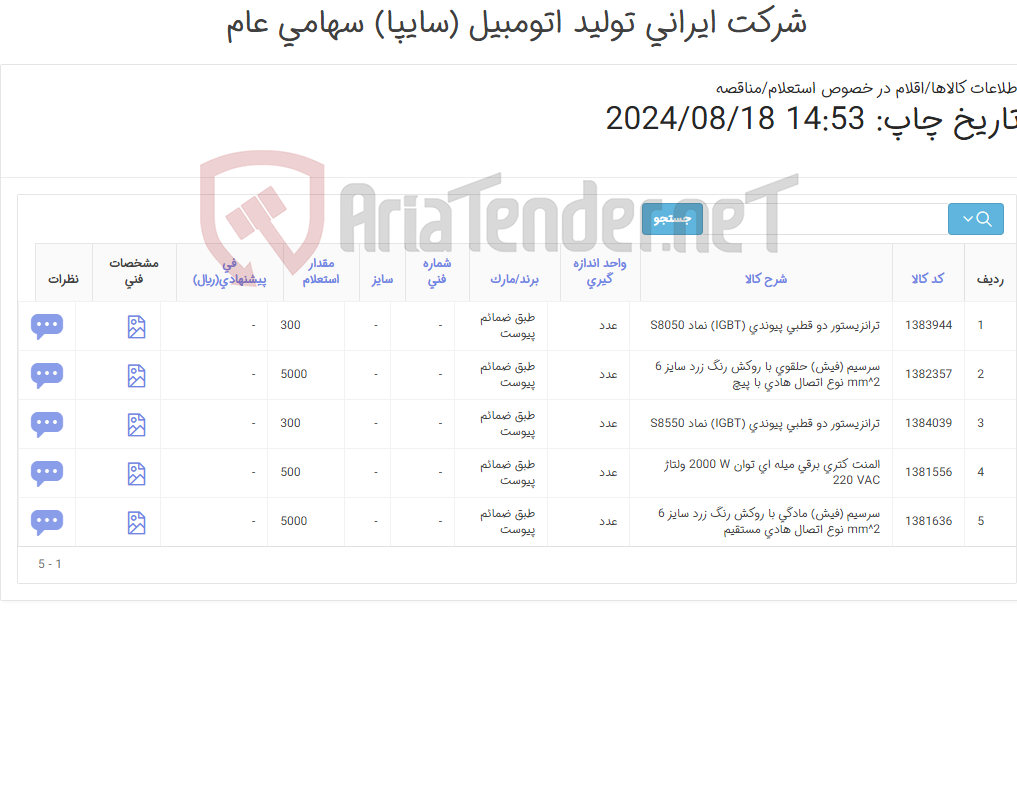 تصویر کوچک آگهی 5 آیتم المنت ، سرسیم وترانزیستور (طبق مشخصات فنی پیوست