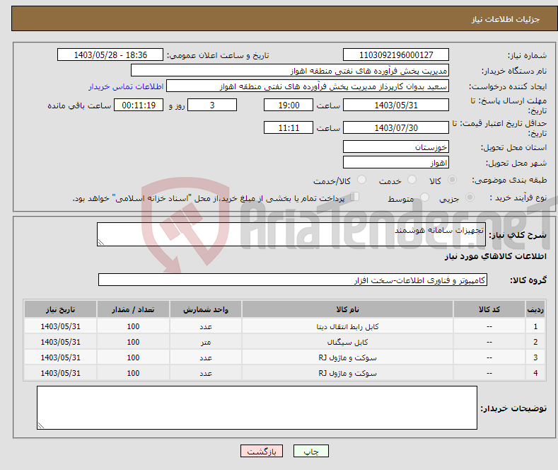 تصویر کوچک آگهی نیاز انتخاب تامین کننده-تجهیزات سامانه هوشمند