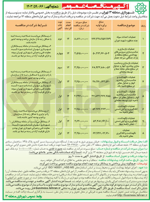 تصویر کوچک آگهی عملیات نگهداشت و مناسب سازی پیاده رو ،انهار و جداول معابر در سطح ناحیه دو و توسعه محله ای 