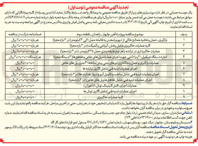 تصویر کوچک آگهی بارگیری ،حمل و تخلیه مصالح خاکی از دپو و یا معدن به فاصله حمل 1 الی 3 کیلومتر (در 3 بازه مجزا )