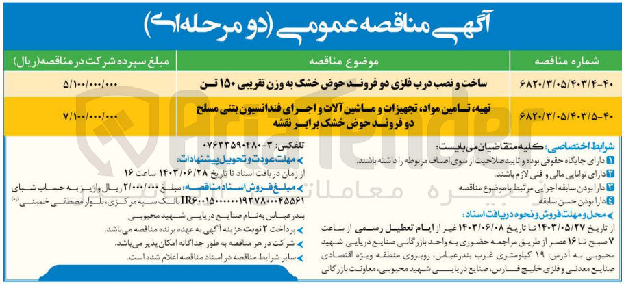 تصویر کوچک آگهی ساخت و نصب درب فلزی دو فروند حوض خشک به وزن تقریبی ۱۵۰ تن
