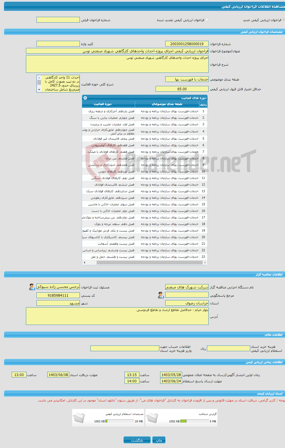 تصویر کوچک آگهی فراخوان ارزیابی کیفی اجرای پروژه احداث واحدهای کارگاهی شهرک صنعتی توس