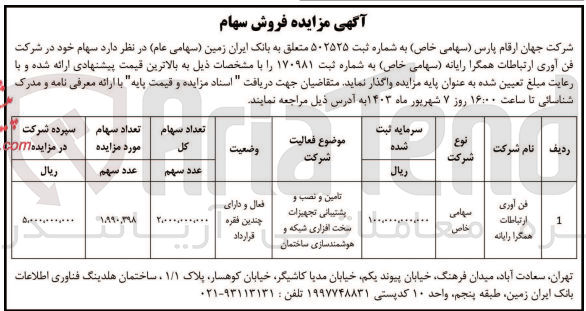 تصویر کوچک آگهی واگذاری سهام خود در شرکت فن آوری ارتباطات همگرا رایانه سهامی خاص 