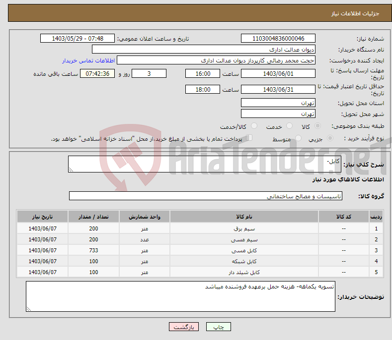 تصویر کوچک آگهی نیاز انتخاب تامین کننده-کابل-