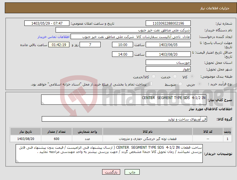تصویر کوچک آگهی نیاز انتخاب تامین کننده-CENTER SEGMENT TYPE SDS 4-1/2 IN 