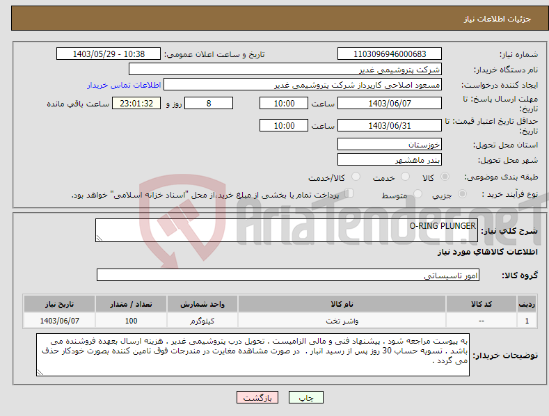 تصویر کوچک آگهی نیاز انتخاب تامین کننده-O-RING PLUNGER 