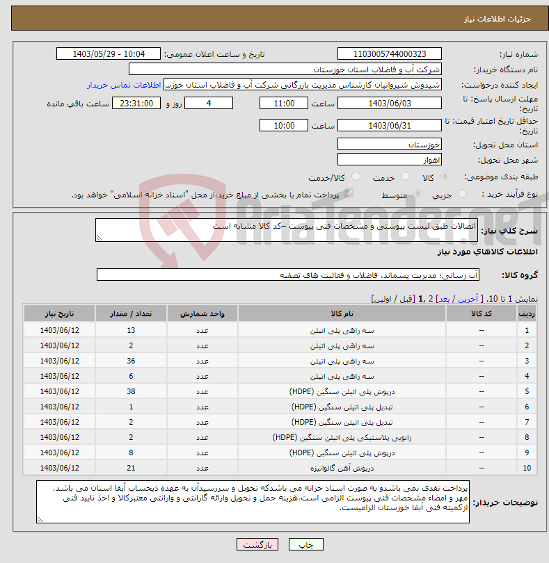 تصویر کوچک آگهی نیاز انتخاب تامین کننده-اتصالات طبق لیست پیوستی و مشخصات فنی پیوست –کد کالا مشابه است