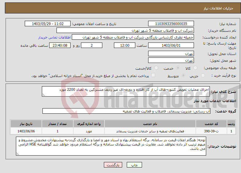 تصویر کوچک آگهی نیاز انتخاب تامین کننده-اجرای عملیات تعویض کنتور¬های آب از کار افتاده و دوره¬ای غیر ردیف مشترکین به تعداد 2200 مورد 