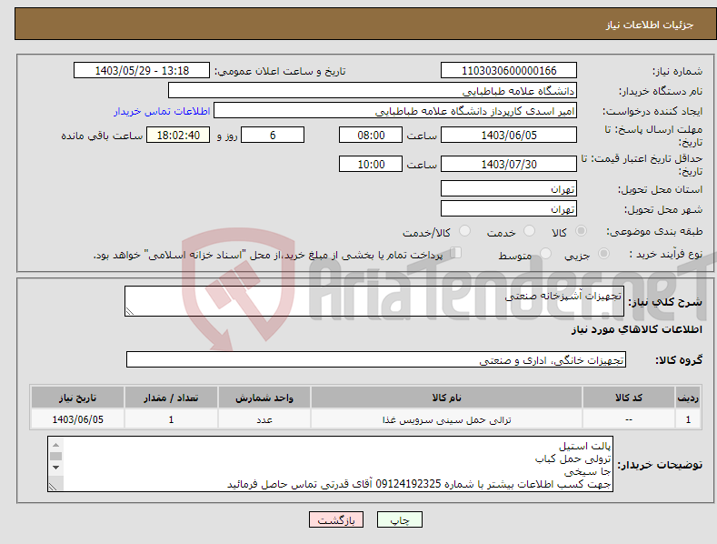 تصویر کوچک آگهی نیاز انتخاب تامین کننده-تجهیزات آشپزخانه صنعتی