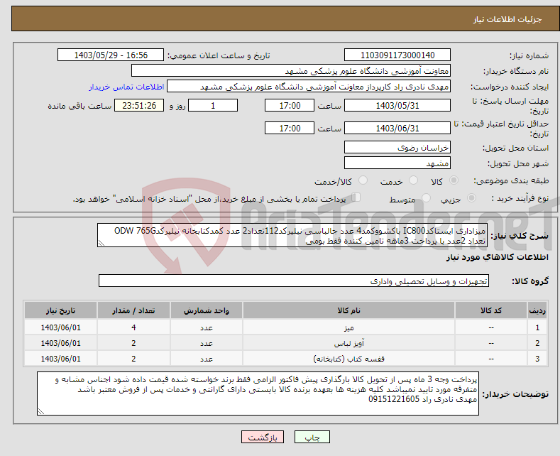 تصویر کوچک آگهی نیاز انتخاب تامین کننده-میزاداری ایستاکدIC800 باکشووکمد4 عدد جالباسی نیلپرکد112تعداد2 عدد کمدکتابخانه نیلپرکدODW 765G تعداد 2عدد با پرداخت 3ماهه تامین کننده فقط بومی