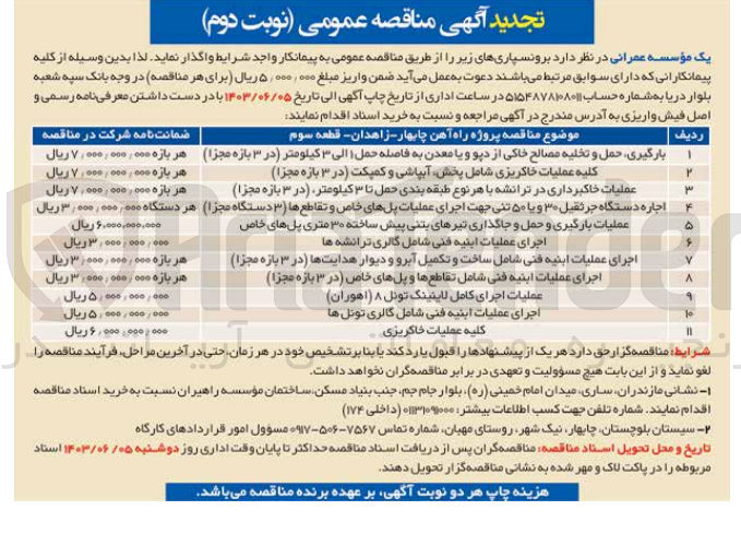 تصویر کوچک آگهی اجرای عملیات ابنیه شامل ساخت و تکمیل آبرو و دیوار هدایت ها (در 3 بازه مجزا )