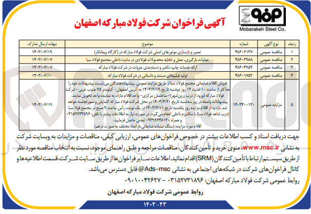 تصویر کوچک آگهی عملیات بارگیری، حمل و تخلیه محصولات فولادی در سایت داخلی مجتمع فولاد سبا 