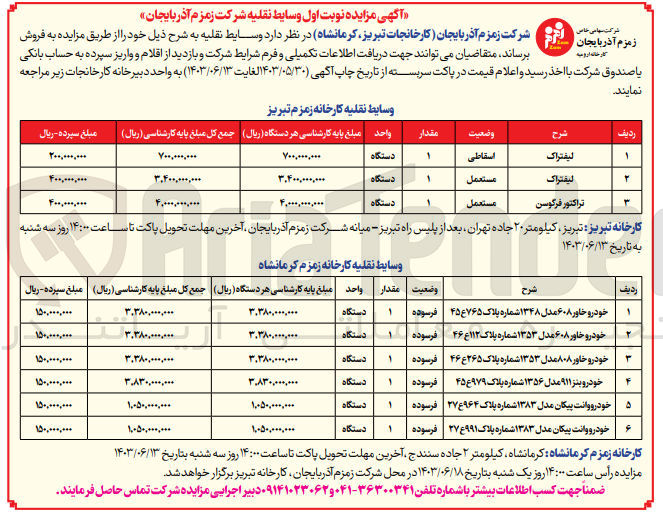 تصویر کوچک آگهی فروش وسایط نقلیه شامل:
خاور-لیفتراک -تراکتور-وانت پیکان و...