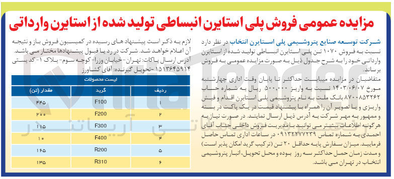 تصویر کوچک آگهی فروش 1070 تن پلی استایرن انبساطی تولید شده از استایرن وارداتی 