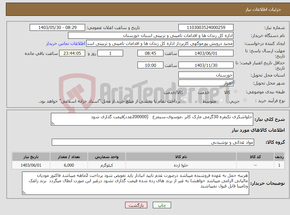 تصویر کوچک آگهی نیاز انتخاب تامین کننده-حلواشکری تکنفره 30گرمی مارک کابر ،موسوی،سیمرغ (200000عدد)قیمت گذاری شود 