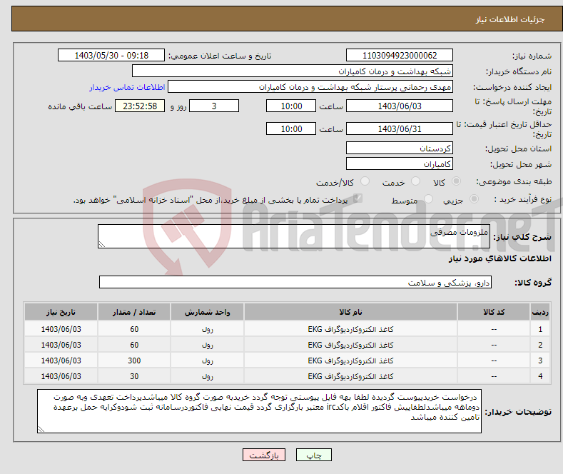 تصویر کوچک آگهی نیاز انتخاب تامین کننده-ملزومات مصرفی 
