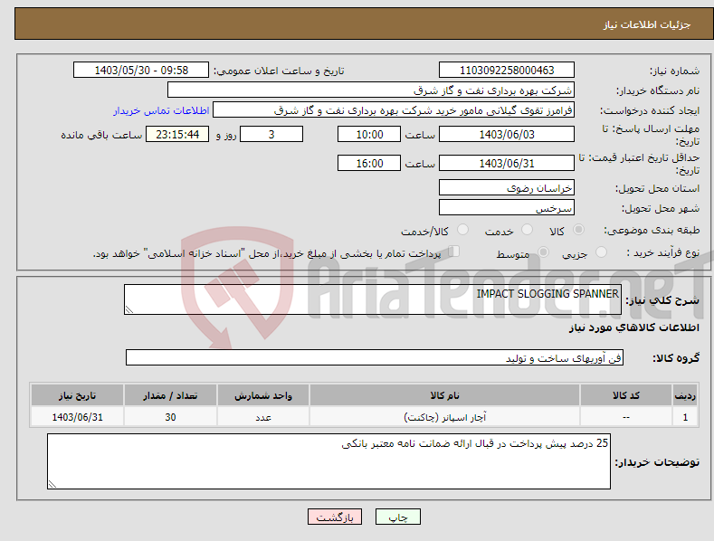 تصویر کوچک آگهی نیاز انتخاب تامین کننده-IMPACT SLOGGING SPANNER