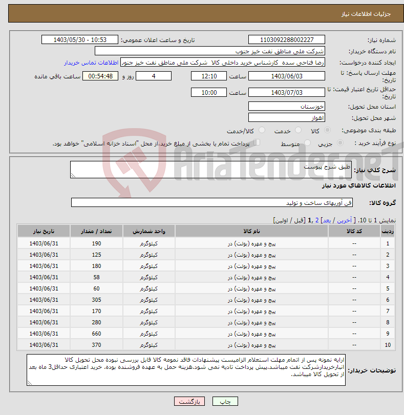 تصویر کوچک آگهی نیاز انتخاب تامین کننده-طبق شرح پیوست