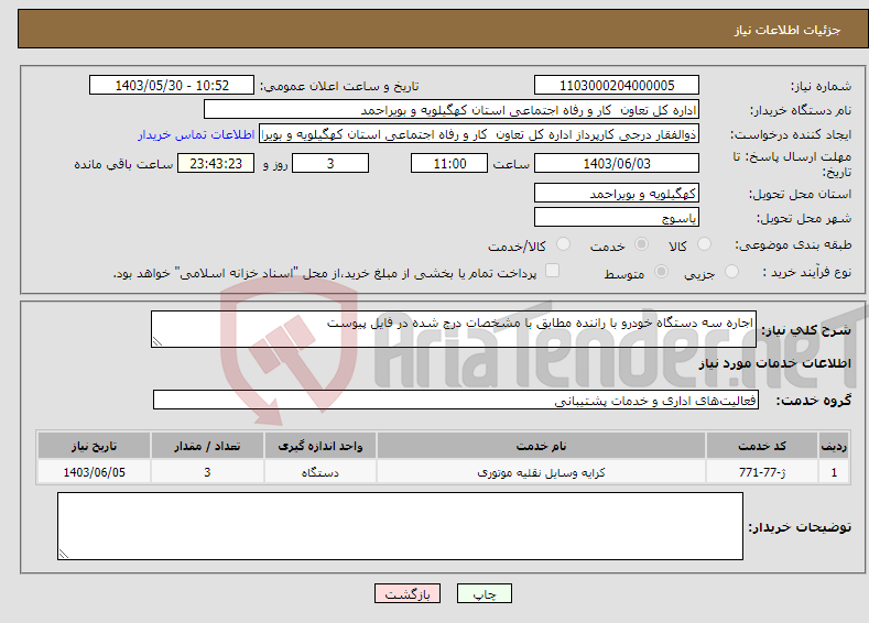تصویر کوچک آگهی نیاز انتخاب تامین کننده-اجاره سه دستگاه خودرو با راننده مطابق با مشخصات درج شده در فایل پیوست