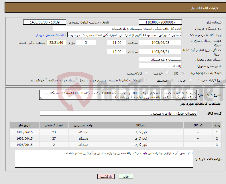 تصویر کوچک آگهی نیاز انتخاب تامین کننده-خرید نقدی تعداد 27 دستگاه کولر گازی 18000 و 23 دستگاه 12000 و 2 دستگاه 30000(همه 52 دستگاه باید دارای موتور گرمسیری و لوله مسی و لوازم جانبی باشند)