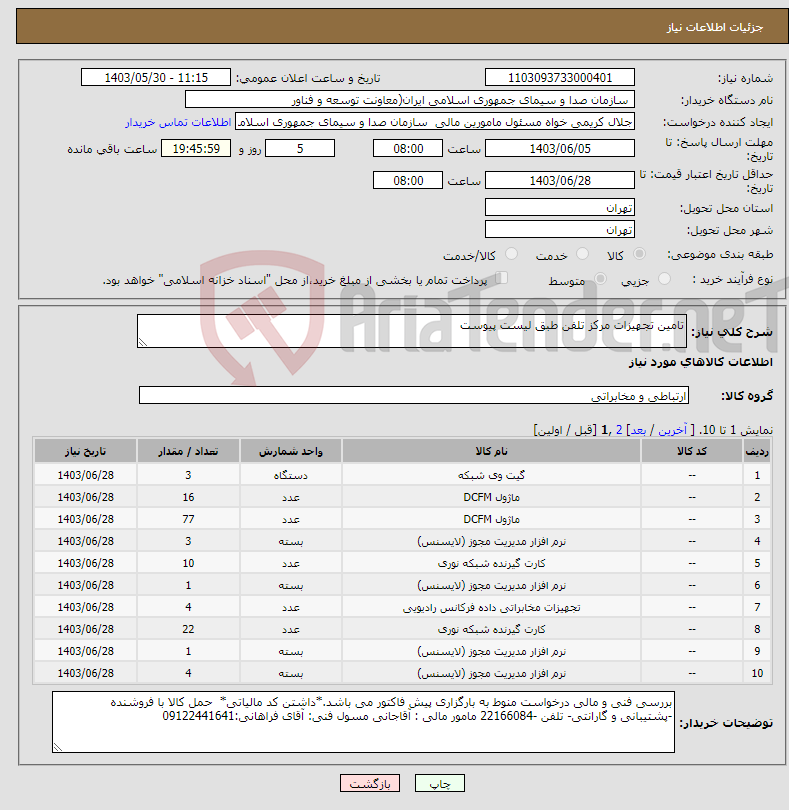 تصویر کوچک آگهی نیاز انتخاب تامین کننده-تامین تجهیزات مرکز تلفن طبق لیست پیوست