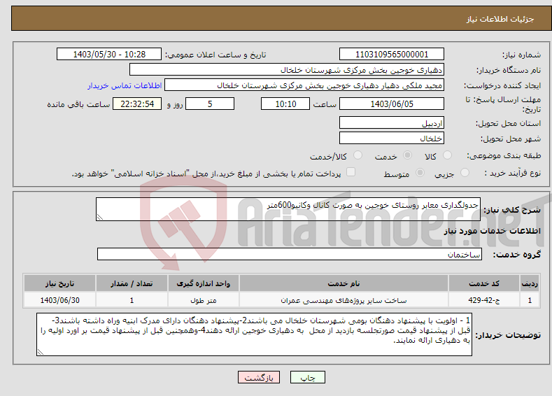 تصویر کوچک آگهی نیاز انتخاب تامین کننده-جدولگداری معابر روستای خوجین به صورت کانال وکانیو600متر 